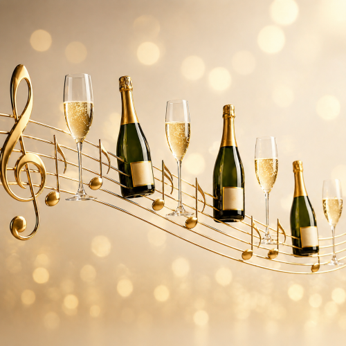 Champagneflessen en Wijnglazen op een muzieknotenbalk