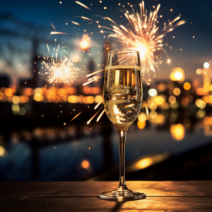 Een glas champagne met vuurwerk op de achtergrond