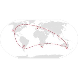 Wereldkaart met route over de werelddelen